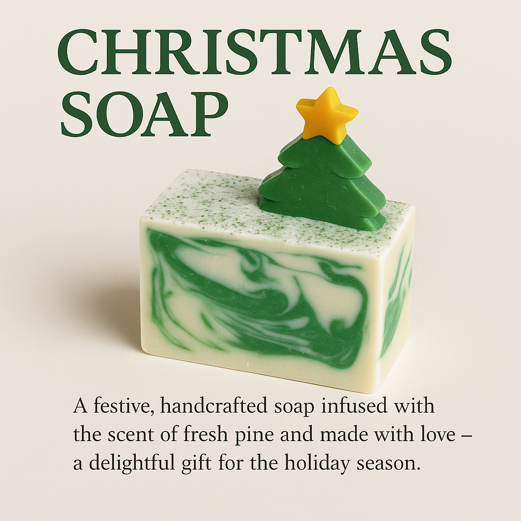 Christmas soap with green marbled swirls and snowy top