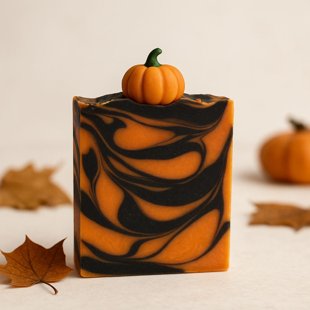 Halloween soap with orange and black swirls and pumpkin accent